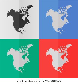 North America map vector icon. Effect of folded paper. Colored (red, blue, green) illustrations. Flat design