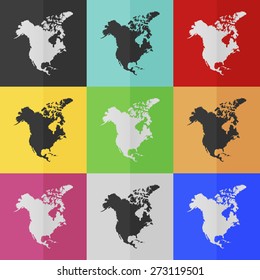 North America map vector icon - colored set. Flat design