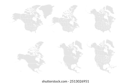 North America map. Vector illustration isolated on white background. Set of isolated North America maps