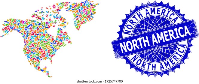 North America map vector image. Blot collage map and unclean stamp seal for North America. Sharp rosette blue stamp seal with tag for North America map.