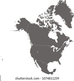 North America map vector outline illustration with countries borders in gray background. Highly detailed accurate map of North American countries prepared by a map expert.