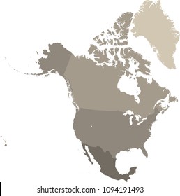 North America map vector outline illustration with countries borders in gray background. Highly detailed accurate map of North American countries including USA, Canada, and Mexico