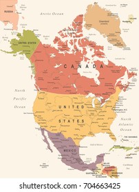 North America Map - Vintage Detailed Vector Illustration