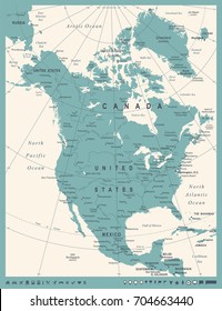 North America Map - Vintage Detailed Vector Illustration