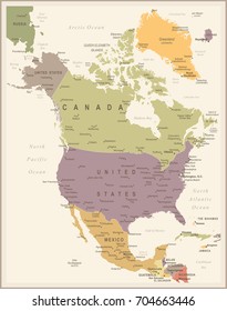 North America Map - Vintage Detailed Vector Illustration