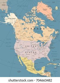 North America Map - Vintage Detailed Vector Illustration