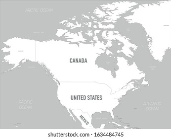 North America map - white lands and grey water. High detailed political map North American continent with country, capital, ocean and sea names labeling.