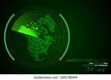 North America Map - World Map International vector template with futuristic circle radar style HUD, GUI, UI interface isolated on dark green background for design - Vector illustration eps 10