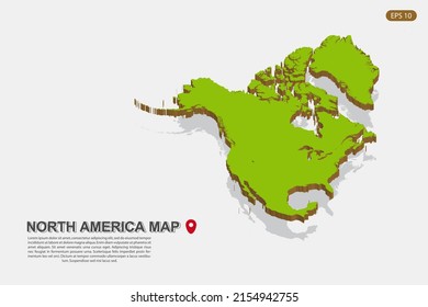 North America Map - World map International vector template with isometric style including shadow, green and brown color isolated on white background for design - Vector illustration eps 10