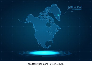 North America Map - World Map International vector template with Hologram in perspective style and HUD, GUI, UI interface isolated on blue background for design - Vector illustration eps 10