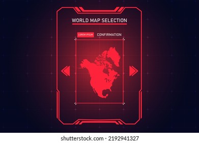 North America Map - World Map International Vector Template With Red Color In Perspective Style And HUD, GUI, UI Interface Isolated On Black Background For Design - Vector Illustration Eps 10