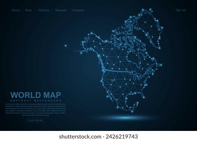 North America Map - World Map mash line and point scales on blue technology background. Wire Frame 3D mesh polygonal network line, design sphere, dot and structure - Vector illustration eps 10