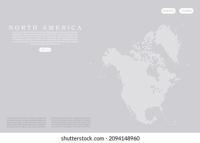 North America Map - World map vector template with White dots, grid, grunge, halftone style isolated on grey background for education, infographic, design, website - Vector illustration eps 10