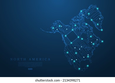 Mapa de América del Norte - Mapa mundial del vector de mapa con placa de circuitos abstracto futurista Ilustración o línea de máscaras de tecnología de alta tecnología y escalas de puntos sobre fondo oscuro - Ilustración vectorial ep 10 