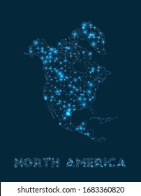 North America network map. Abstract geometric map of the continent. Internet connections and telecommunication design. Astonishing vector illustration.