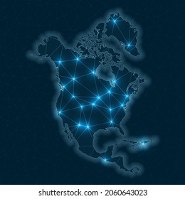 North America Network Map. Abstract Geometric Map Of The Continent. Digital Connections And Telecommunication Design. Glowing Internet Network. Astonishing Vector Illustration.