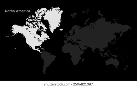 North America outline in global map-06, Map of North America, highlighted on the world map, North America on the world map, Satellite view, North America's location on the globe.