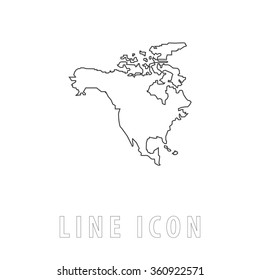 North America Outline Simple Vector Icon On White Background. Line Pictogram With Text 