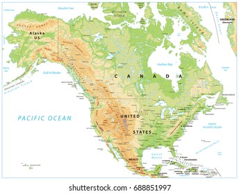 North America Physical Map Isolated on White. Vector illustration.