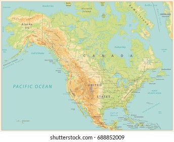 North America Physical Map. Vintage color. Vector illustration.