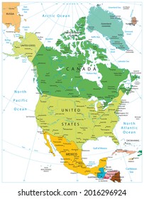 North America Political Map. Highly detailed map. All elements are separated in editable layers clearly labeled. Vector