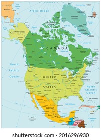 North America Political Map. Highly detailed map. All elements are separated in editable layers clearly labeled. Vector