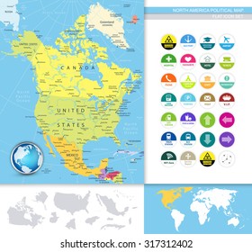 North America political map.Flat icon set. All elements are separated in editable layers clearly labeled. All layers are subscribed.