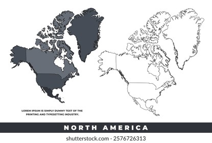 North America political regions black color outline map set