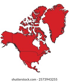 North America red map with border of regions outline vector