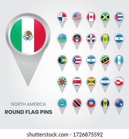 North America Round Flag Pins, Map Pointers