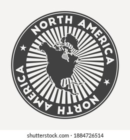 North America round logo. Vintage travel badge with the circular name and map of continent, vector illustration. Can be used as insignia, logotype, label, sticker or badge of North America.