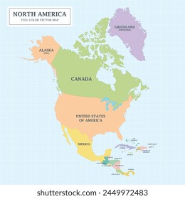 North America separated country full color vector map with the country name for design an decoration.	