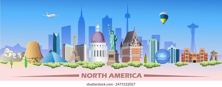 North America skyline travel poster. Vector flat illustration