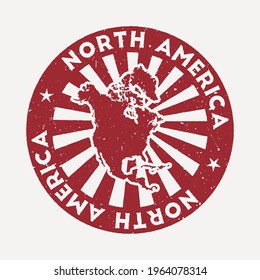 North America stamp. Travel red rubber stamp with the map of continent, vector illustration. Can be used as insignia, logotype, label, sticker or badge of the North America.