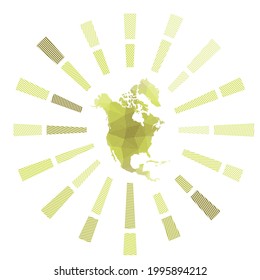 North America sunburst. Low poly striped rays and map of the continent. Astonishing vector illustration.
