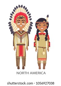 North america traditional costumes in which man and woman are dressed, title of image placed below on vector illustration isolated on white