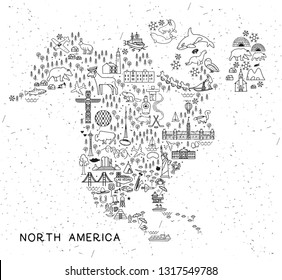 North America Travel Line Icons Map.  Travel Poster with animals and sightseeing attractions.  Inspirational Vector Illustration.