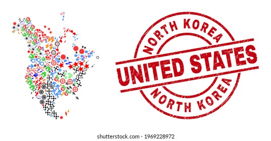 North America v2 map mosaic and grunge North Korea United States red round stamp print. North Korea United States stamp uses vector lines and arcs. North America v2 map mosaic contains helmets, homes,
