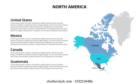 North America vector map infographic template divided by countries. Slide presentation.