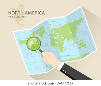 North America vector map. World Map with Magnifying Glass - North America in Focus. Folded map with magnifier.