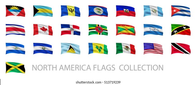 North America waving flags collection. Vector illustration.