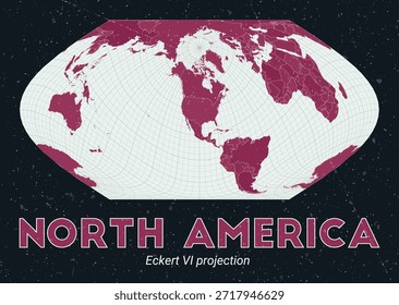 Norteamérica. Mapa mundial. Proyección de Eckert VI centrada en América del Norte. Pale Mint Dark Pink. Textura de Antiguas. Ilustración vectorial con clase.