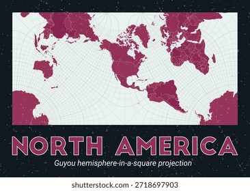 Norteamérica. Mapa mundial. Proyección del hemisferio Guyou en un cuadrado centrado en América del Norte. Pale Mint Dark Pink. Textura de Antiguas. Ilustración vectorial clásica.