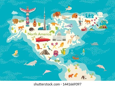 North America, world map with landmarks vector cartoon illustration. Abstract North America landmarks, animals, sign and icon cartoon style. Poster, art, travel card 