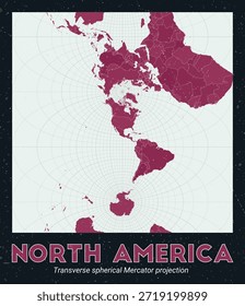 Norteamérica. Mapa mundial. Proyección esférica transversal de Mercator centrada en América del Norte. Pale Mint Dark Pink. Textura de Antiguas. Hermosa Ilustración vectorial.