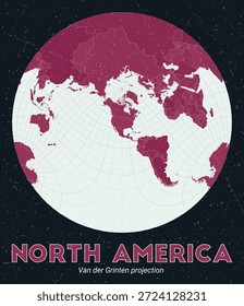Nordamerika. Weltkarte. Van der Grinten Projektion zentriert nach Nordamerika. Pale Mint Dunkelrosa Palette. Vintage-Textur. Lebende Vektorgrafik.