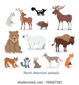 North American animals cartoon set. Deer, moose, fox, wild boar, bison, wolf, raccoon, hare, lynx, skunk flat vectors isolated on white background. North America fauna species collection