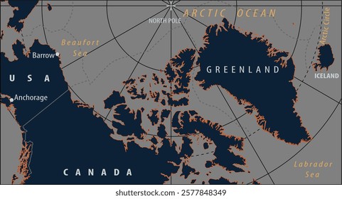 North American continent with greenland, usa, canada.
Vector political, physical, geographical world map. Iceland. Arctic ocean terrain. North pole. Beaufort sea, Labrador sea. Anchorage, Barrow.