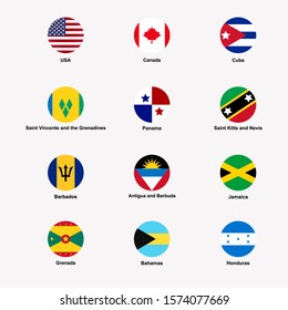North American countries flags icon set. USA, Canada, Cuba, Panama, Jamaica, Honduras, Grenada isolated vector illustration