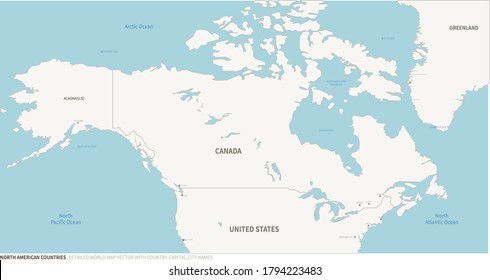 North American Countries map. Detailed world Map Vector with Country,Capital,City Names.
